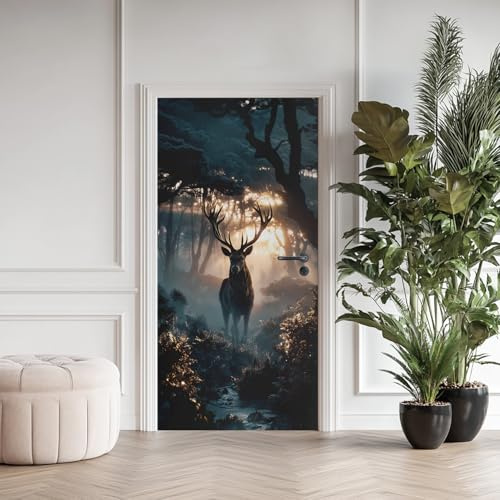 Tier Hirsch Türaufkleber Türfolie, 3D Nebelwald Türtapete Selbstklebend Innentür Türfolie, PVC Wasserdich Abnehmbar für Wohnzimmer Schlafzimmer Bad Tür 90x200cm