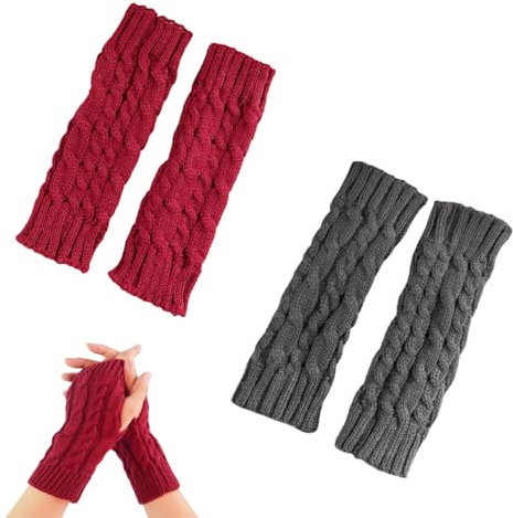2 Paar Handstulpen,Pulswärmer Damen,Fingerlose Handschuhe Damen,Handschuhe Ohne Finger,Arm Warmers,Weicher Gestrickte Handschuhe mit Daumenloch,Fingerless Gloves,Strickhandschuhe (Weinrot+Dunkelgrau)