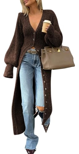 Unybwonn Long Cardigans for Women Chunky Cable Knit Duster Sweater Cover up Maxi Dress Long Sleeve Button Down Cardigan, Brown, Small