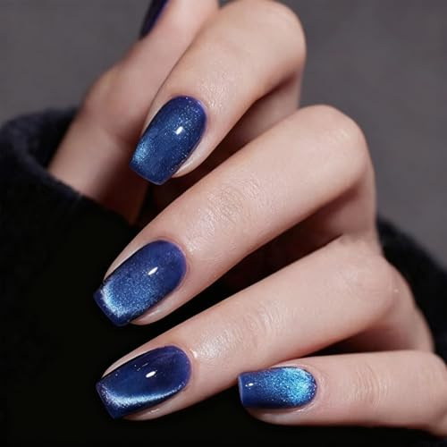 Zimocepuz Ongles Carrés Courts à Presser, Effet Œil de Chat Bleu Uni, Ongles Réutilisables