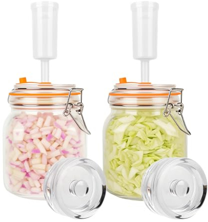 XTDMJ 2 Pack 1L Fermentation Jars with Airlock, Fermenting Jar for Safe Fermentation for Kefir, Kimchi, Sauerkraut, Sourdough Starter - Silicone Lids & Fermentation Weights