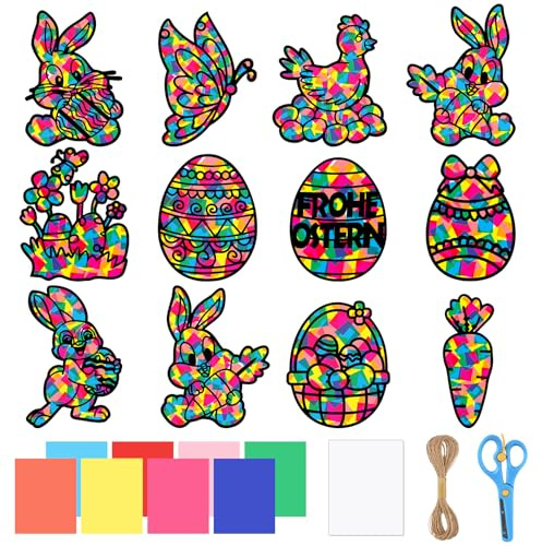 Basteln Ostern Kinder, 12 Stück Fensterbilder Ostern Set, Osterbasteln mit Kindern,DIY Bastelset Ostern mit Ostereier, Hasen und Küken,Bastelvorlagen Fensterbilder für Kinder Oster Geschenk