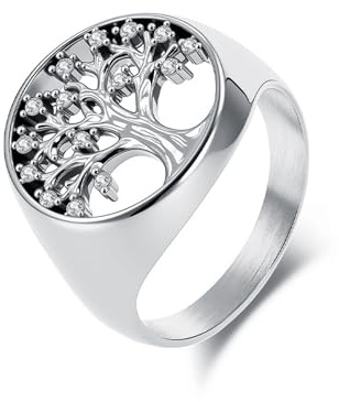 Stfery Ring Edelstahl Damen Lebensbaum Zirkonia mit Openwork-Muster 18MM, Silber Ringe Breit Mode Gr.49 (15.6)