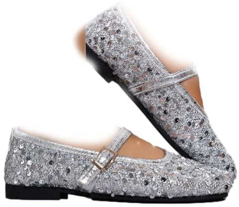 Scarpe Mary Jane da donna con paillettes lucide, comode punta rotonda con fibbia in metallo, scarpe da ballerina scintillanti glitterate per feste e matrimoni, Argento, 38 EU