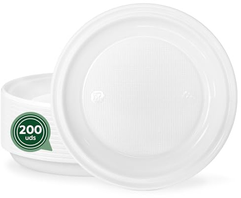 Maxi Products - 200 piatti in plastica bianca riutilizzabile - Ø20,5 cm - Piatti da tavola - Norma UNE-EN-12875-1 - Piatto rotondo - Alta resistenza - Celebrazioni - APTO CIBO CALDO E FREDDO