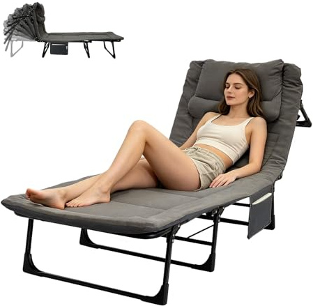 OVLRIJP Sonnenliege Klappbar mit Auflage, 6-Fach Verstellbar Klappbare Gartenliege Liegestuhl, Campingliege mit Seitentasche, Feldbett Campingbett, Outdoor Liege für Balkon Garten Camping (Grau)