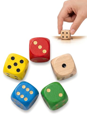 YIPFEN 5 Dadi in Legno 30mm, Grandi con Numeri Chiari per Giochi da Tavolo, Apprendimento & Decorazione. Colori Assortiti, Resistenti.