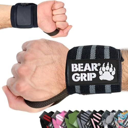 BEAR GRIP - Soporte para muñecas de levantamiento de pesas (Se venden en pares) (Negro Gris)