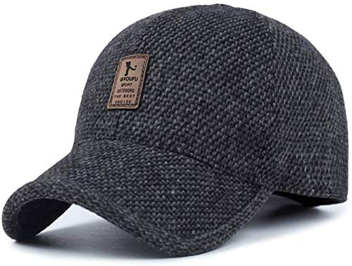 Qchomee Men's Winter Woollen Baseball Cap Warm Tweed Peaked Hats with Foldable Earmuffs Warmer Adjustable Strap Outdoor Black Hat Large Vintage Classic (Dark Grey)