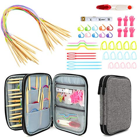 KOKNIT Rundstricknadel-Set aus Bambus mit Etui, flexibles Kunststoffkabel (80 cm), Set mit 61 Stricknadeln und Strickzubehör, 2 mm - 10 mm