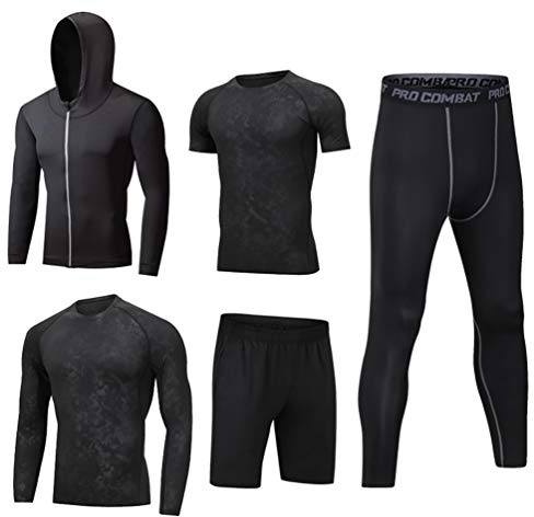 LucaSng Män 5 delar kompression funktionella underkläder sportkläder set, sportdräkt snabbtorkande jogging kläder tights löpkläder tröja gym träning löpning träningsoverall