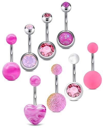 AceFun Bauchnabelpiercing Set Chirurgenstahl 14G pink 8pcs Piercing Bauch Nabelpiercing Bauchnabelstab Bauchnabelring für Frauen