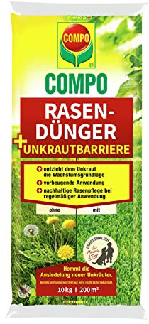 COMPO Rasendünger + Unkrautbarriere,Vorbeugende und nachhaltige Rasenpflege, Feingranulat, 10 kg, 200 m², Nicht zutreffende