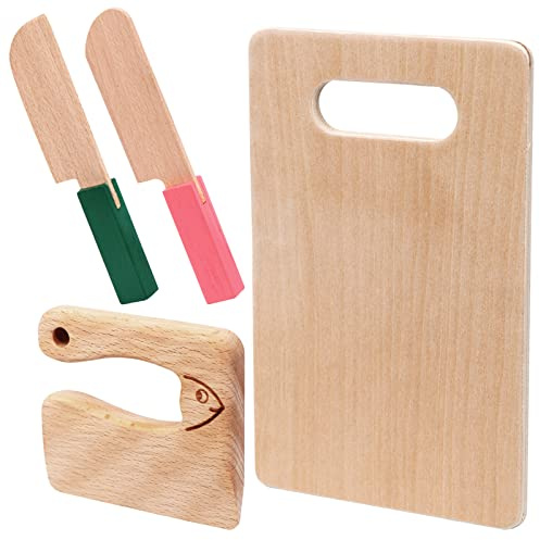 VAIPI 4 Pcs Wooden Kids Knives Cooking Utensils for Kitchen Cooking Children's Safe Knives Kids Cute Kitchen Tools with Rectangle Cutting Board for Cooking Kitchen Veggies Lettuce Fruits Salad Cake