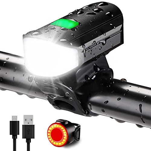 Bike Lights Set 1500LM USB Rechargeable Bicycle Headlight & Tail Light Waterproof 5 Lighting Modes Fits Bicycles for Road and Mountain(Cool Black)