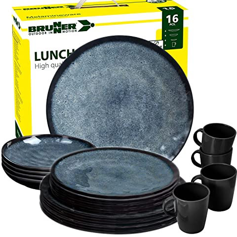 BRUNNER: Camping-Geschirr-Set Melamin | 16-Teilig - Teller, Schüsseln & Becher für 2-4 Personen | Lunch Box Venetian - Bruchfest & Anti-Slip