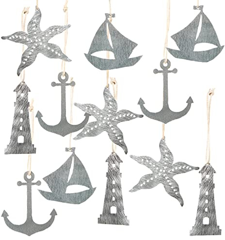 Logbuch-Verlag 12 colgantes planos de metal estrella de mar + ancla + barcos + faro – decoración marítima para colgar plata brillante de metal
