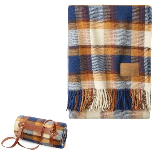 Pendleton Camping Blanket, Motor Robe with Leather Strap Carrier - Virgin Wool, Backpacking Blanket for Warmth and Comfort, Outdoor Adventures, Travel, Picnics, and Cozy Home Comfort