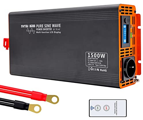 DATOUBOSS Wechselrichter 12v auf 230v Reiner Sinus 1500W/3000W, Spannungswandler 12V 230V 1500W Power Inverter mit 1 EU Steckdosen, LCD-Bildschirm, 1 Type-c und 1 USB Anschlüsse für Wohnmobil Auto