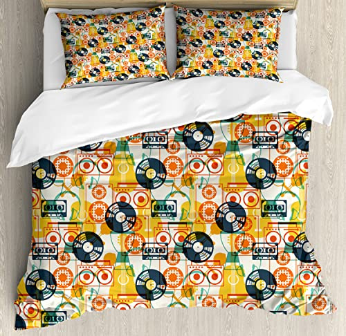 Ambesonne Music Duvet Cover Sets, Pattern with Musical Instruments in Flat Design Style Cassette Radio Vinyl Nostalgic, Bedding Set with 2 Duvet Covers & 4 Pillowcases, 2 Pack Queen Size, Multicolor