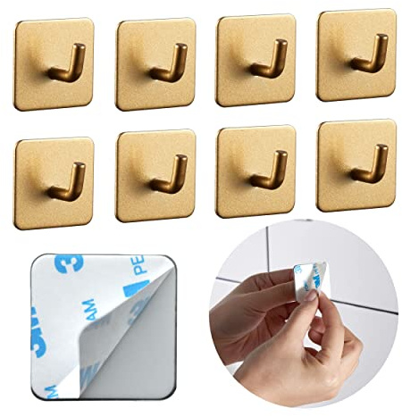 DEKAZIA® 8 Klebehaken Bad | Wandhaken gold matt Haken selbstklebend Handtuchhaken Küchenhaken selbstklebende Haken Handtuchhalter ohne Bohren Kleiderhaken selbstklebend Handtuch Haken Küche Edelstahl