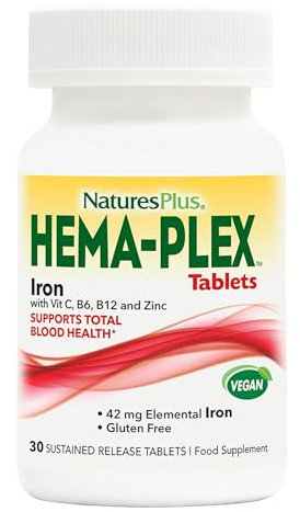 NaturesPlus Hema Plex - Gentle Iron Supplement with Vitamin C, Methyl B12, Folate - Blood Health, Immune Support, Energy - Vegan, Gluten Free - 30 Tablets