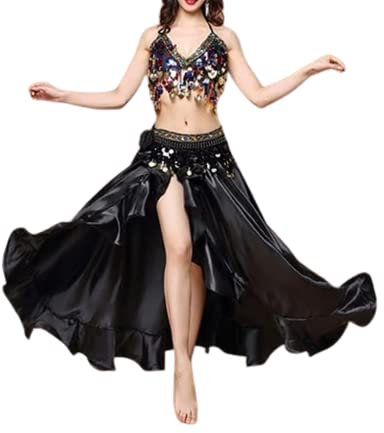 CSSOL Frauen Erwachsene Bauchtanz Kostüm 2022 Sexy Bühnentanzabnutzung 3Er Set BH Gürtel Langer Rock Indien Orientalischer Bauchtanz Accessoires Rock,Schwarz,L