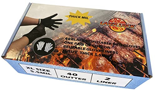 5.5 Mil Black Nitrile Disposable Gloves Heavy Duty with 2 Cotton Liners for Outdoor Cooking, Grilling and BBQ Competition, Chef or Cooking Use (40, X-Large)