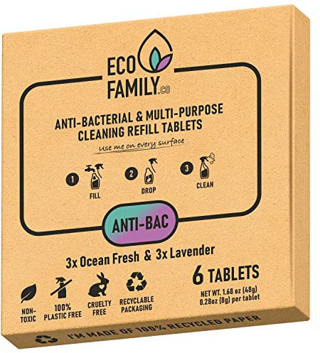 Eco Family, Anti-bacterial, Multipurpose, Cleaning Tablets, Refill, (6x 8g) | Eco-Friendly, Plastic-Free, Non-Toxic, Cruelty-Free | Ocean Fresh & Lavender Scent | For All Surfaces | Dissolve in Water