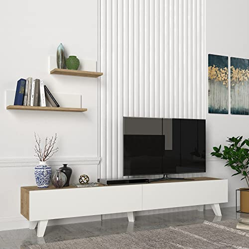 [en.casa] TV-bord Saarijärvi TV-skåp med 2 hyllor, lågbräda, 180 x 31 x 33 cm, TV-bräda, ek/vit