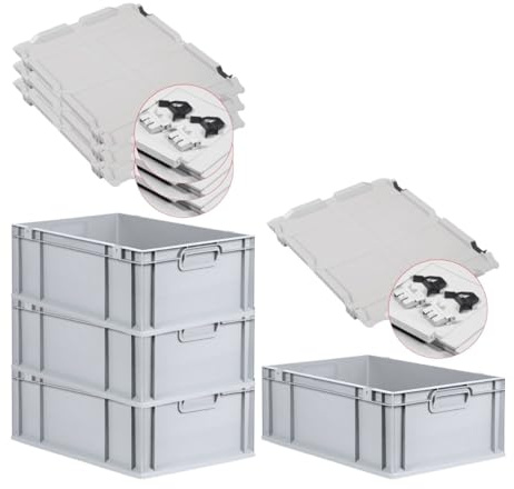 PROREGAL SuperSparSet 4x Eurobox NextGen Economy mit Scharnierdeckel & schwarzen Verschlüssen | Griffe geschlossen | HxBxT 22x40x60cm | 44 Liter | Eurobehälter Transportbox Transportbehälter
