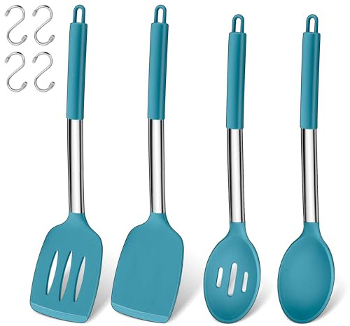 Küchenhelfer Set, Joyfair 4 Stück Silikon Pfannenwender und Kochlöffel Set, Hitzebeständig Küchenutensilien mit Edelstahlgriff, Kochbesteck für Kochen/Backen/Flip, Spülmaschinenfest - Blau