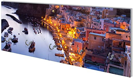 Wallario Wandgarderobe aus Glas in Größe 80 x 30 cm mit Memoboard-Funktion, Motiv: Hafen bei Nacht - Italien hell erleuchtet | 5 Kleiderhaken zum Aufhängen von Jacken