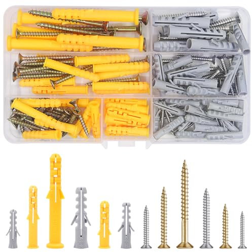 120 Pcs Screws and Wall Plugs Set, Extra Strong Nails with 6 Types Wall Plugs, Multi Purpose Self-Tapping Anchors M5/M6/M8 Wall Plugs and Screws for Drywall Home Repair Wood Fences