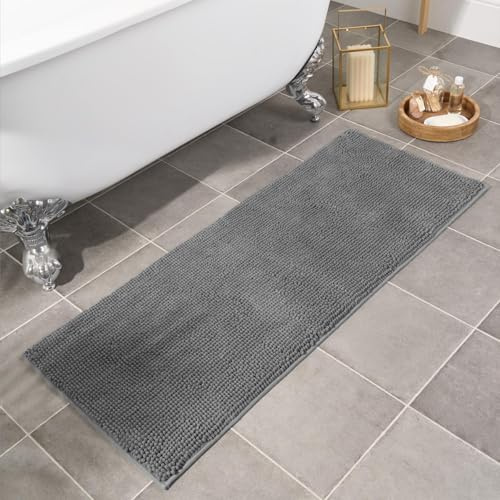 Brentfords Non Slip Bath Mat Charcoal Grey, Noodle Chenille Shower Bathroom Rug Highly Absorbent Washable Floor Mats - 45 x 110cm