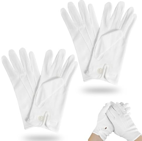 SULIUDAJI 2 Pairs White Cotton Gloves For Men Costume Stitched Uniform Gloves For Wedding Formal Tuxedo Party Jewelry Inspection (Nylon, 10 Inch), White/Opulent Garden