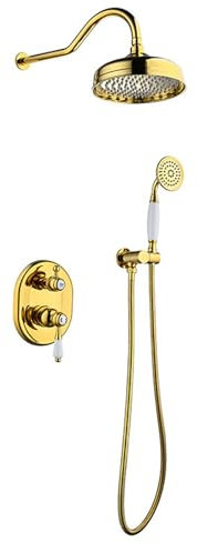 SWHC Duschsystem Unterputz Duscharmatur Set Gold Retro Duscharmatur Komplettset Wandmontiert Dusche Regendusche Set Messing Duschgarnitur mit 20cm Regendusche, Handbrause