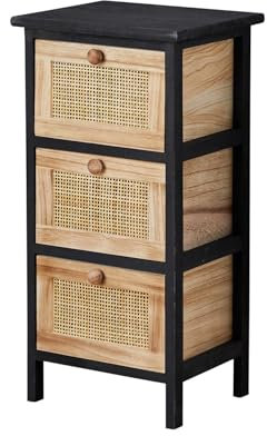 Home Source Chest of Drawers, Wooden Bedroom Organiser Storage Unit, Black with Woven Rattan Drawers, 3 Drawer
