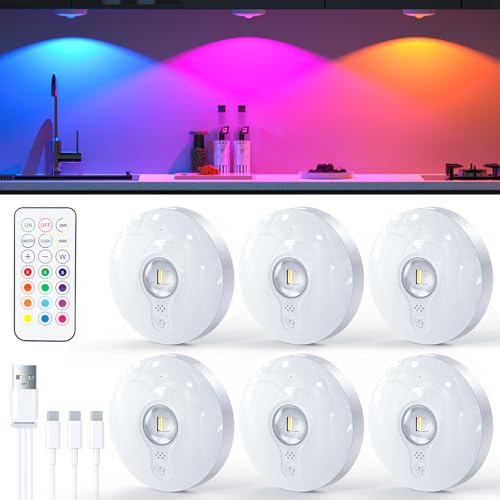 TRUMPETS RGB LED Spot Akku Magnetisch mit Fernbedienung，Weiß：6 stk | USB-C Aufladbar, kabellos, Timer & Speicherfunktion, Vitrinen- und Schrankbeleuchtung