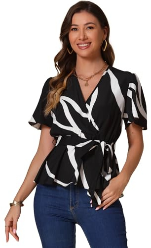 Allegra K Printed Peplum Top for Women's Flutter Sleeves Elastic Waist Belt Wrap V Neck Blouse Black XL