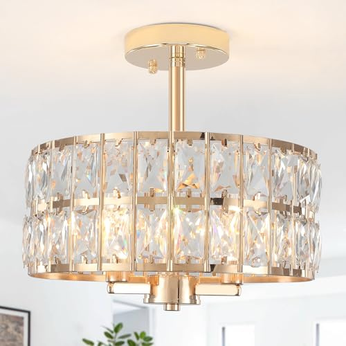 LXWNYY Kristall Deckenleuchte Gold, Modern Deckenlampe Wohnzimmer Kronleuchter Gold, Deckenlampe Schlafzimmer mit Glas Lampenschirm Kristall Lampe, Vintage Deckenleuchte für Esszimmer Flur Küche