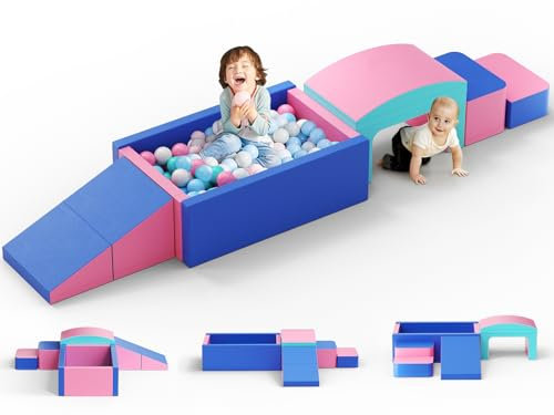 Brolteja Set softplay per bambini da 1 a 3 anni, torre da arrampicata con scivolo, grandi mattoncini per bambini (rosa blu-6)