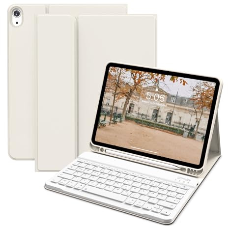 KVTVOU Tastatur Hülle für iPad Air 11 Zoll (2026 2025 2024), iPad Air 5. / 4. Generation (10,9 Zoll 2022 2020), Magnetisch Bluetooth Tastatur, QWERTZ-Layout, Weiche Stoßfeste TPU-Hülle, Cremeweiß