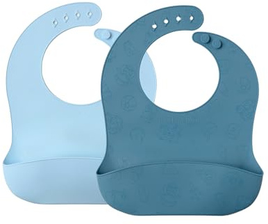 muchmellow - Set Silicone 2 Pezzi, Bavaglini Silicone Morbidi MADE IN ITALY, Tasca Raccoglipappa, Impermeabili Antimacchia, Regolabili, Svezzamento, Plastic Free (Azzurro + Blu)