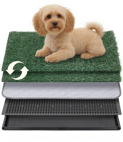 Petcozife Dog Grass Pee Pad with Tray, 41x51cm Toilet for Puppy Potty Training with 2pcs Artificial Grass, Reusable Indoor Dog Litter Tray for Balcony Apartment, Washable, Less Odor, S