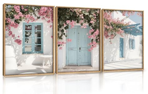 ANHUIB Greek Island Street Framed Canvas Wall Art Set of 3 Santorini Wall Decor Pink Flower Artwork European Cityscape Art Prints Landscape Artwork for Living Room Dining Room Bedroom Office 30x40cm