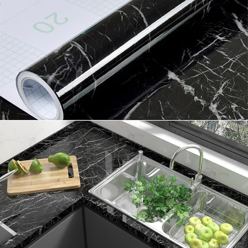 80cm×3m, Gloss Black Marble Vinyl Wrap for Kitchen Worktop, Black Sticky Back Plastic Roll, Heat-Resistant Durable Worktop Vinyl Covering, Marble Wallpaper Contact Paper Self Adhesive Wallpaper