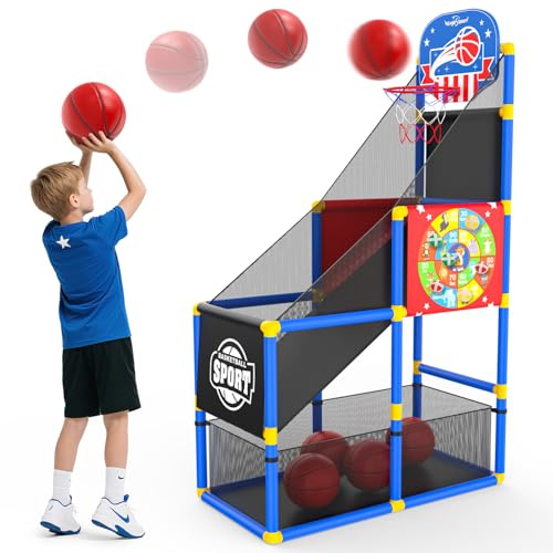 EagleStone 2-in-1 Kids Arcade Basketball Hoop with Dart Board,4 Balls Adjustable Height Basketball Toy Indoor Outdoor Carnival Games Gift for Boys Girls Toddlers Ages 3-6 Years Old,Pump Included