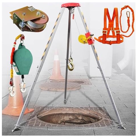 Heavy Duty Rescue Tripod Kit for Manhole Work - 1200/1800/2600 Lbs Winch Fall Arrest System Confined Space Safety Gear Aluminum Construction with Safety Belt