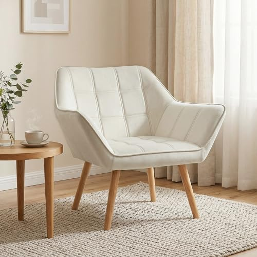 HOMCOM Butaca de Salón Moderna, Sillón Lectura Tapizado en Terciopelo con Patas de Madera, Fácil Montaje, Sillón Relax para Sala de Estar, Dormitorio y Balcón, Crema